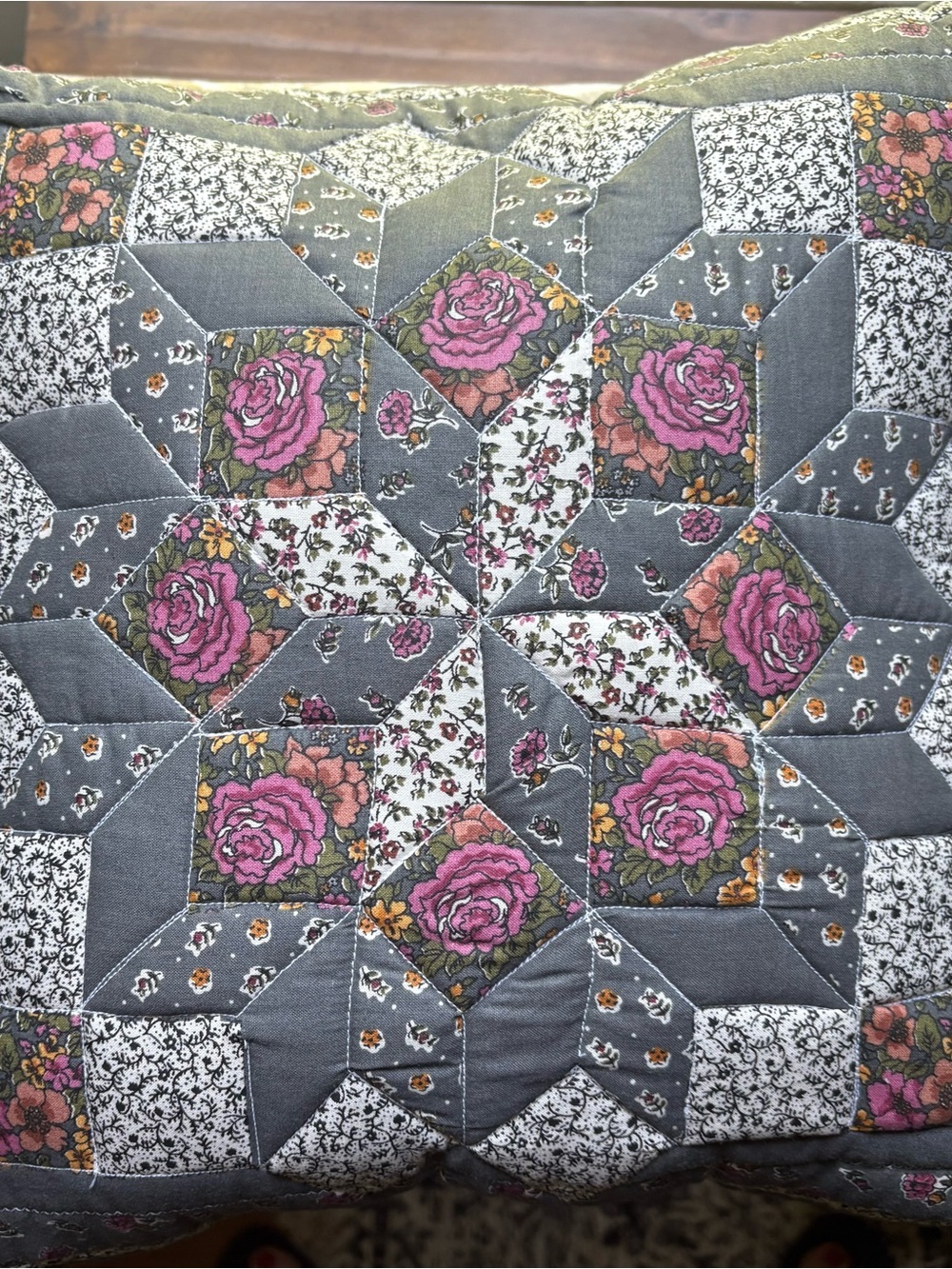 Gray Floral Patchwork Quilted Pillow with Pink Roses